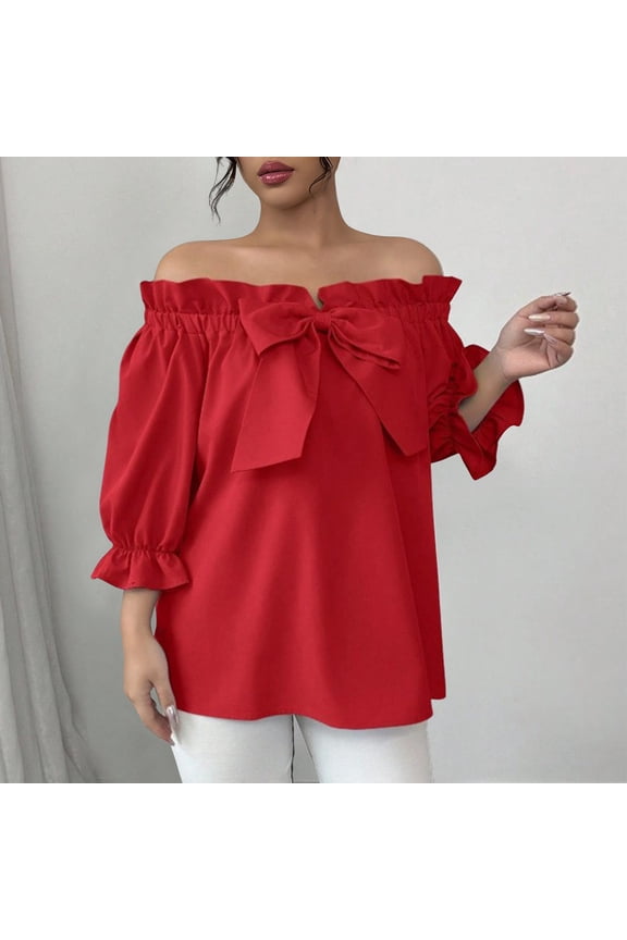Womens Off The Shoulder Tops Puff Long Sleeve Bowknot Tie Front Loose Fit Ruffle Flowy Solid Fasion Shirts Blouses
