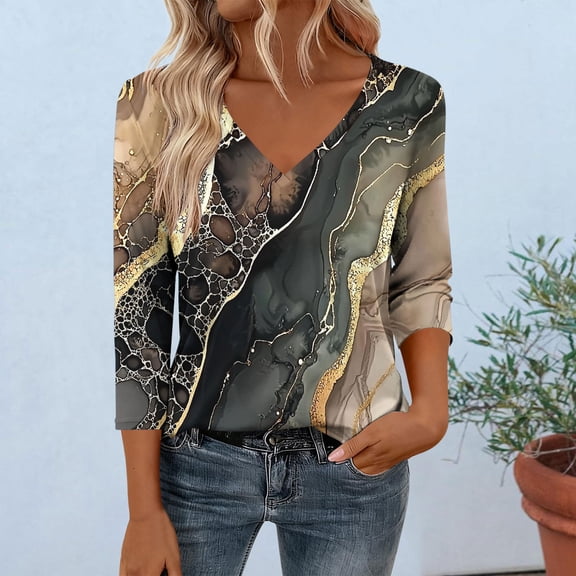 Xuyuer Womens Plus Size Fashion Non Positioning Printed Tops V Neck T Shirts 3/4 Sleeve Blouse Summer Casual Tees S-3X