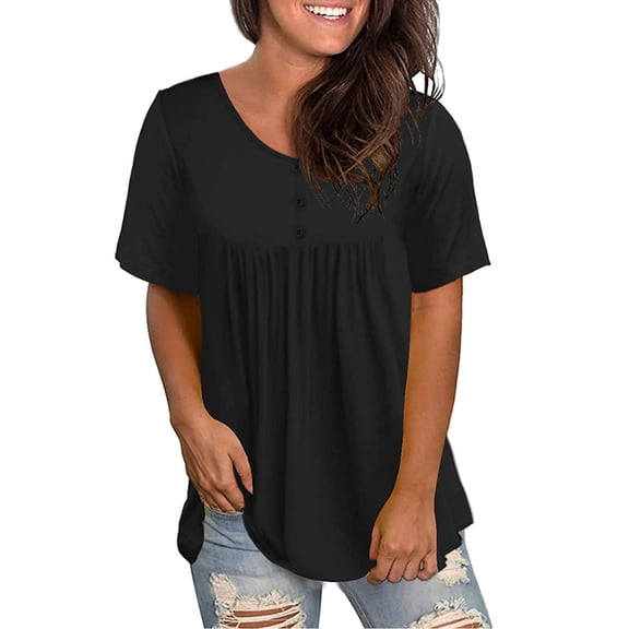 Xuyuer Womens Plus Size Tunic Top Summer Short Sleeve T-Shirt V-Neck Button Up Dressy Blouse Casual Pleated Pullover S-3X Casual Blouses Henley Neck Shirts Flowy Tops Pleated Tunics