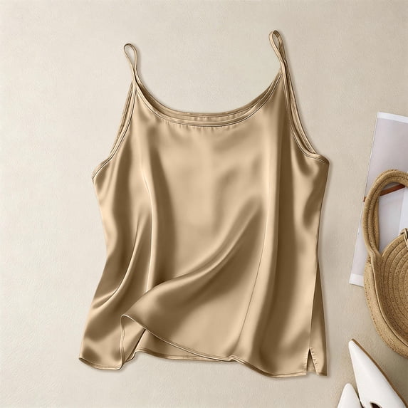 Xuyuer Womens Satin Tank Tops Crew Neck Casual Cami Sleeveless Camisole Blouses Summer Tank Shirt Back Solid Color Closure with Side Slits
