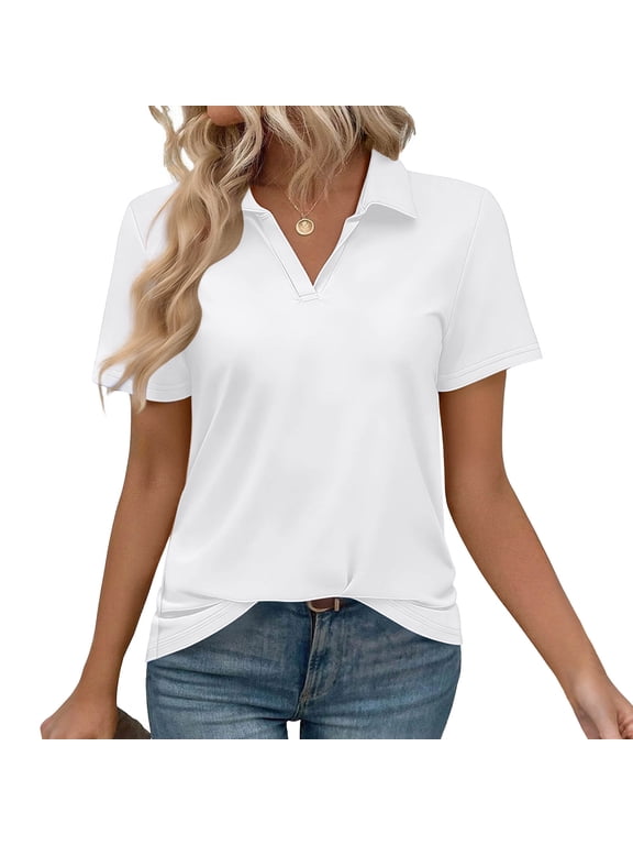 Womens Short Sleeve Polo Shirts Lapel V Neck Business Dressy Casual Tops Summer Collared Trendy Tunic Tees