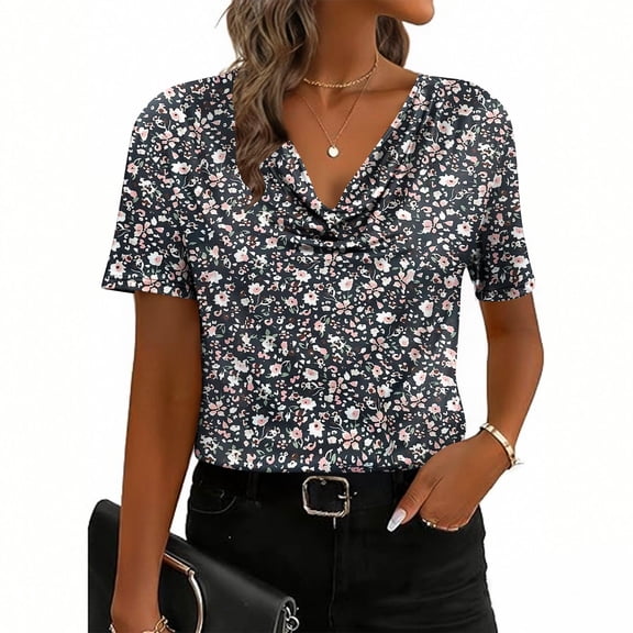 Xuyuer Womens Short Sleeve Shirts Business Casual Collared V Neck Tops Printed Fashionable Pile Collar Breathable Summer Short Sleeved Casual T-shirt Top
