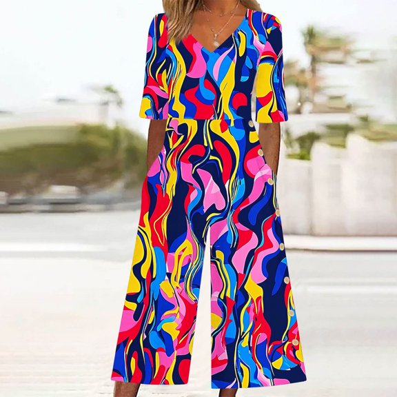 Xuyuer Womens Summer Casual Allover Print Short Sleeve V Neck Long Leg Jumpsuit with Back Zipper Side Pockets Loose Fit for Daily Commute Office Shopping Weekend Gatherings Date Night