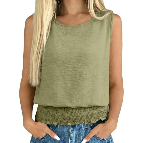 Xuyuer Womens Summer Sleeveless Blouses Casual Fashion Pleated Crew Neck Bubble Loose Fitted Tank Tops Shirts 2026