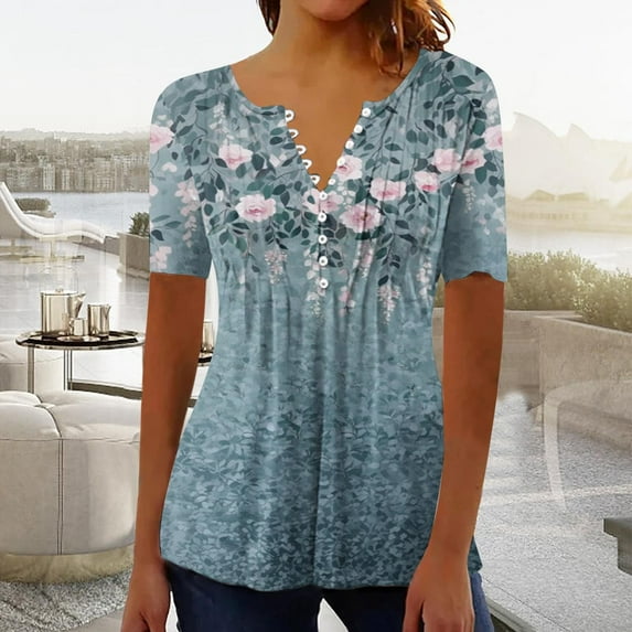 Xuyuer Womens Summer/Spring Dressy Casual Blouse Short Sleeve V-neck Tunic Tops with Button Pleats Pleated T-Shirts for Work