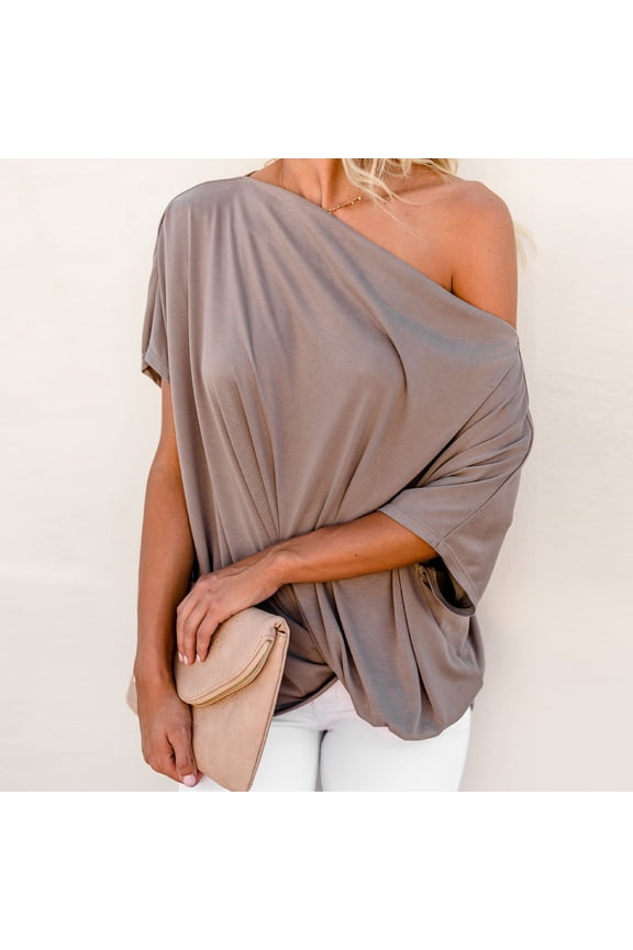 Womens Summer Tops Off One Shoulder Short Sleeve T-Shirts Casual Lightweight Solid Color Blouses Off Shoulder Shirts Casual Loose Tunics Tops 2026 Casual Cute Loose Fit T Shirts Blouse