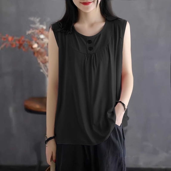 Xuyuer Womens Tank Tops Summer Spring Sleeveless Casual Cute Basic Trendy Loose Flowy Beach Shirt Vacation Outfits 2026 Scoop Neck Button Pullover Casual Loose Fit Dressy Tunic Tops