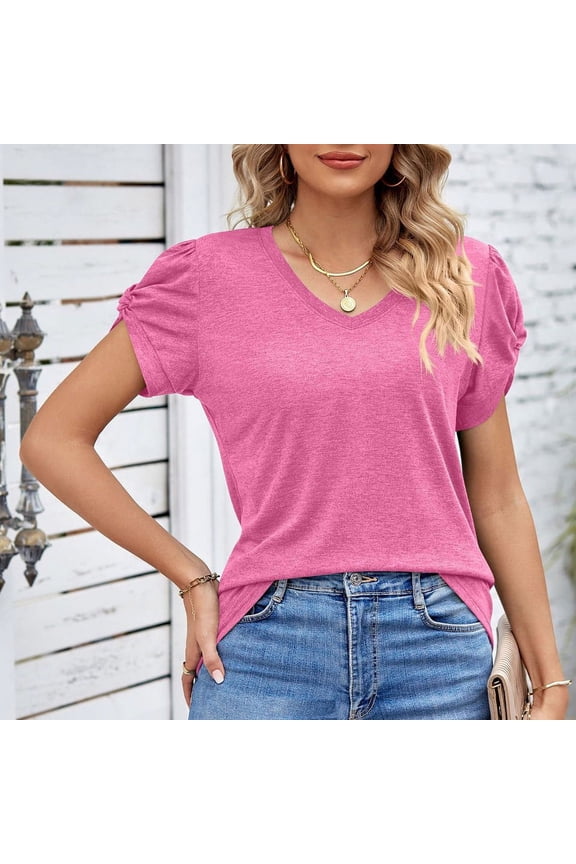 Womens Trendy Spring Summer Solid T-Shirts Short Sleeve V Neck Tops Loose Twisted Fit Shirts Spring Fashion Basic Tees