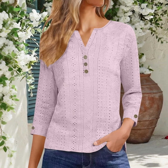 Xuyuer Womens V Neck Shirts 3/4Sleeve Lightweight Ribbed Knit Pullover Sweater Blouse Tops with Buttons Oufits