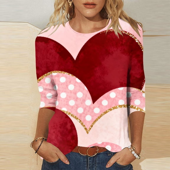 Xuyuer Womens Valentine T Shirts Love Heart Printed Graphic Tee Tops Spring Shirts Halloween Round Neck 3/4 Length Sleeve Graphic Tee Tops Fashion Casual Printed T-Shirt Top
