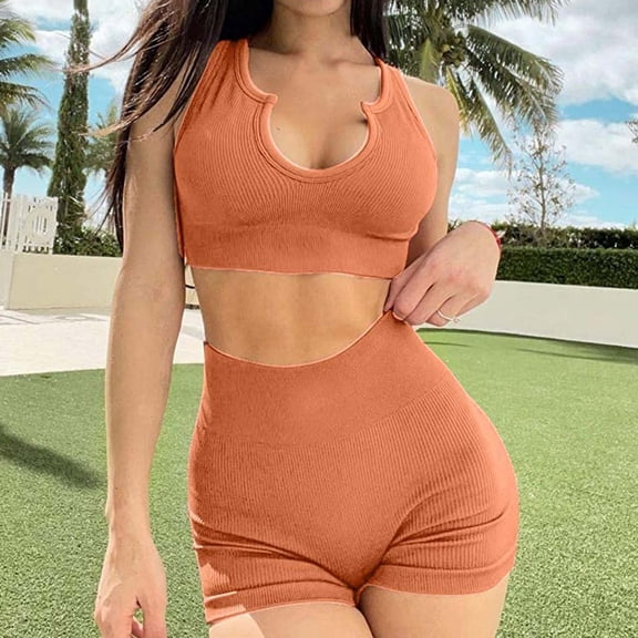 Xuyuer Workout Sets for Women 2 Piece Seamless Ribbed Tank Top Sport Bra High Waist Biker Shorts GYM Yoga Exercise Outfits Summer Seamless Ribbed High Waist Leggings with Sports Bra Gym Sets