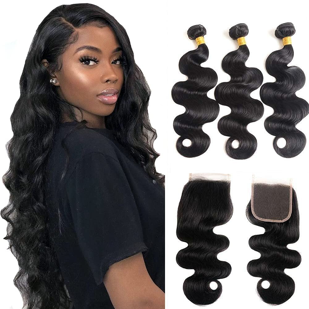 Xuzang Bundles and Closure Body Wave Bundles with 4*4 Closure 3 Bundles with Lace Closure 100% Brazilian Virgin Human Hair Weave Bundles with 4x4 Closure Natural Color