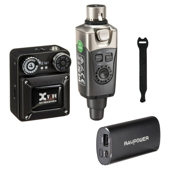 Xvive In-Ear Monitor 2.4 GHz Wireless System (U4) with RAVPower 6700mAh External Battery Charger & 10-Pack Straps Bundle