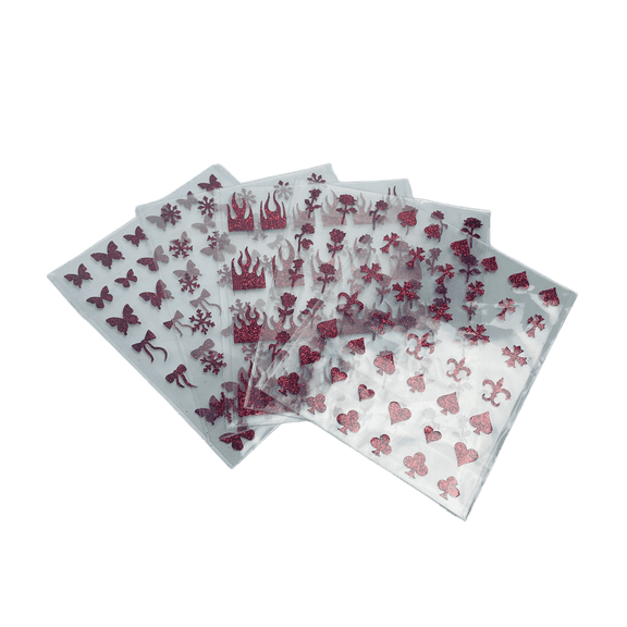 Xvytu Red Glitter Nail Art Stickers, 5 Sheets Self-Adhesive Fingernail Decals with Flowers, Flames & Butterfly Designs