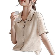 Xwi Xinwei Knitted Texture Short -Sleeved T -Shirt Female Summer Elegant Contrasting Color Light And Air -Breathable Lapel Top Apricot L