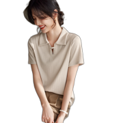 Xwi Xinwei New Chinese Elastic Short-Sleeved Lapel T-Shirt Women'S Spring And Summer Wind Disk Buckle Popular Tops Beige Apricot M
