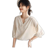 Xwi Xinwei Striped Small V-Neck Shirt Women'S Summer Elegant Temperament Shirt Commuter Simple Five-Minute Sleeve Blouse Beige Stripes S