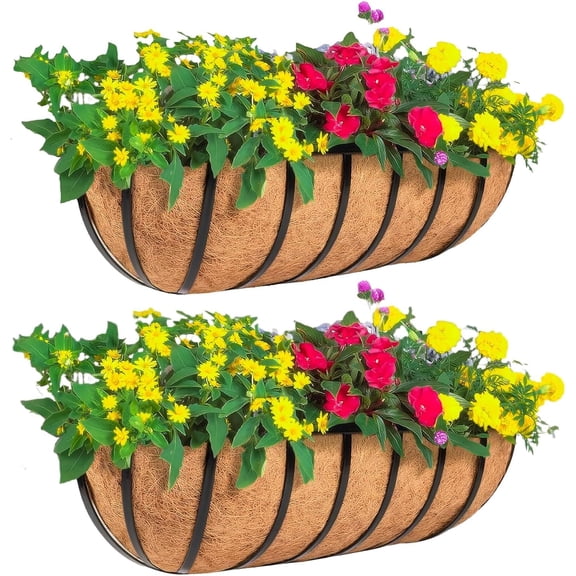 Xwl 2 Pack 30" Railing Planter Window Box with Coco Fiber Liner Horse Trough Planter The Railing Planter Boxes for Deck Porch Fence Outdoor