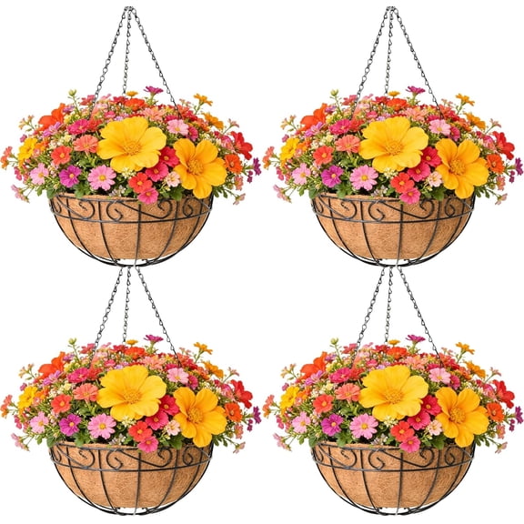 Xwl 4 Pack Hanging Planter for Outdoor Plants 14 inch Metal Hanging Flower Basket with Coco Coir Liner Round Wire Plant Holder Chain Flower Pots Outdoor Garden Decoration Watering Hanging Baskets(HB)
