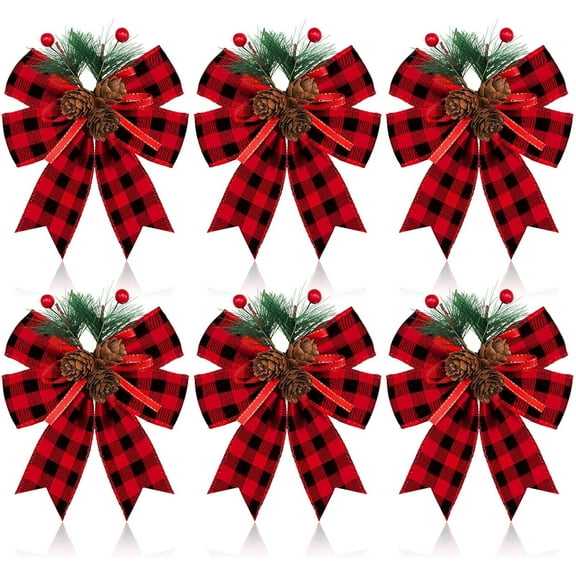 Xwl 6 Pcs Christmas Bows with Pine Cones Pine Needles Xmas Velvet Bows Red Ribbon Christmas Tree Wreath Decoration for Xmas Parties Indoor Outdoor Crafts DIY Decor