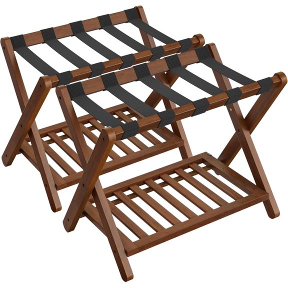 Xwl Solid Wood Luggage Rack, No Assembly Required, Foldable Suitcase Stand, Luggage Holder, with Storage Shelf, for Guest Room, Hotel, Bedroom, Coffee Brown URLR020K02