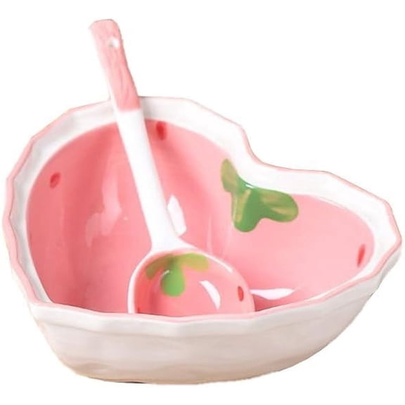 Xwlshop Heart-Shaped Ceramic Dinnerware Set, Pink Dessert Bowl and Plate with Spoon for Salad, Snacks & Appetizers