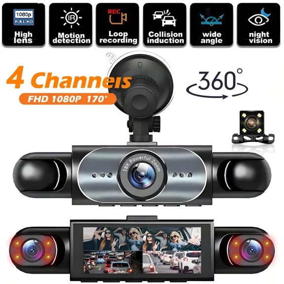 Xyang 360 Full View 4-Channel Dash Cam, FHD 1080P Front, Left&Right & Rear Cameras, Night Vision, HDR, G-Sensor, Loop Recording & 24HR Parking Mode