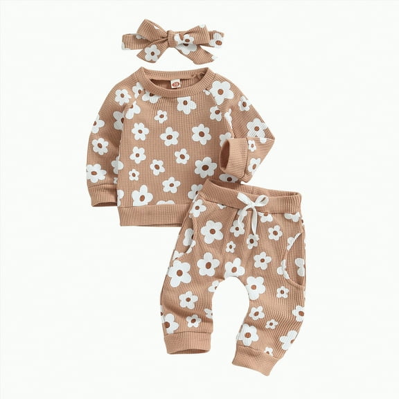 Xyant 3Pcs Toddler Baby Girl Outfits Daisy Sweatshirt   Pants   Headband Fall Winter Clothes (Khaki,18-24 Months)