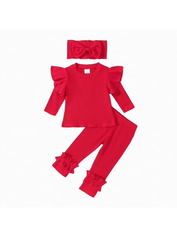 3Pcs Toddler Baby Girl Outfits Ribbed Ruffled Long Sleeve Sweatshirt + Pants + Headband Fall Winter Clothes (Red,0-6 Months)
