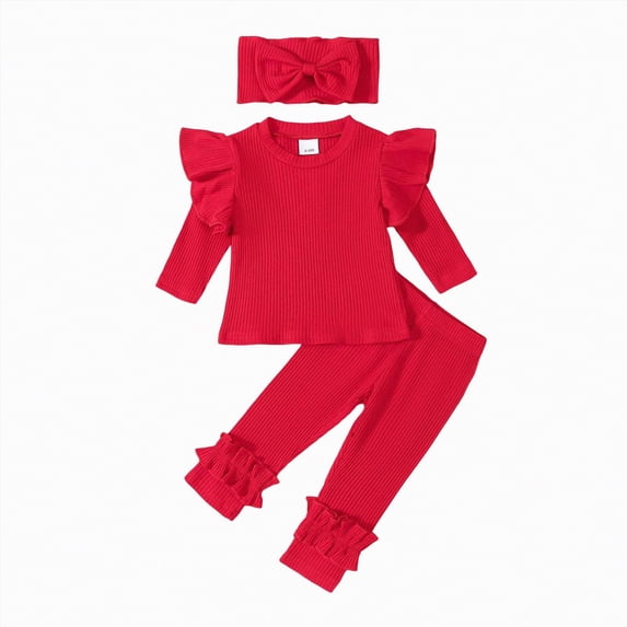 Xyant 3Pcs Toddler Baby Girl Outfits Ribbed Ruffled Long Sleeve Sweatshirt + Pants + Headband Fall Winter Clothes (Red,2-3 Years)