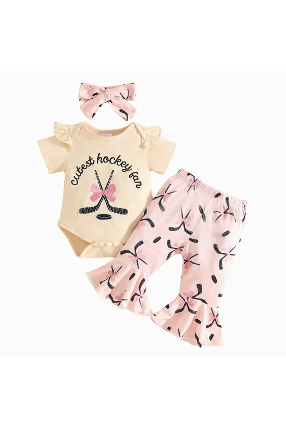 3pcs Baby Girl Hockey Outfit Short Sleeve Cutest Hockey Fan Romper Flare Pants Headband Newborn Game Day Clothes (Beige,0-3 Months)