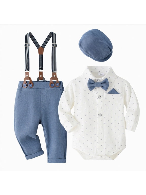 Baby Boy Clothes Set Infant Gentleman Wedding Outfits Dress Romper Beret Hat Suspenders Bowtie Suits Size 12-18 Months