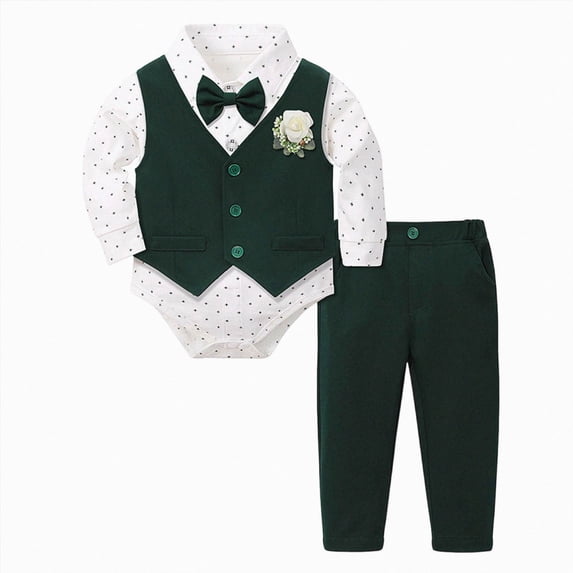 Xyant Baby Boy Clothes Suits Infant Gentleman Outfit Collared Dress Shirt+Vest+Tie+Corsage+Pants 5Pcs Baby Suit Sets (Green,12-18 Months)
