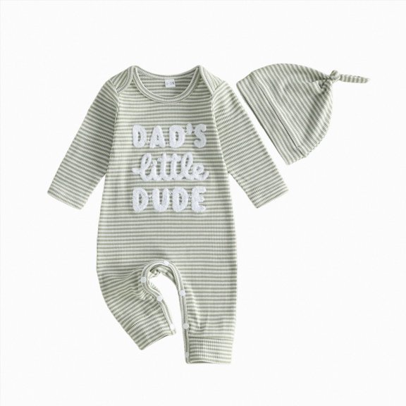 Xyant Baby Boy Fall Winter Clothes Newborn Dad's Little Dude/Mama's Little Man Matching Outfits Long Sleeve Ribbed Knit Striped Romper Bodysuit with Hat,Size 6-9 Months