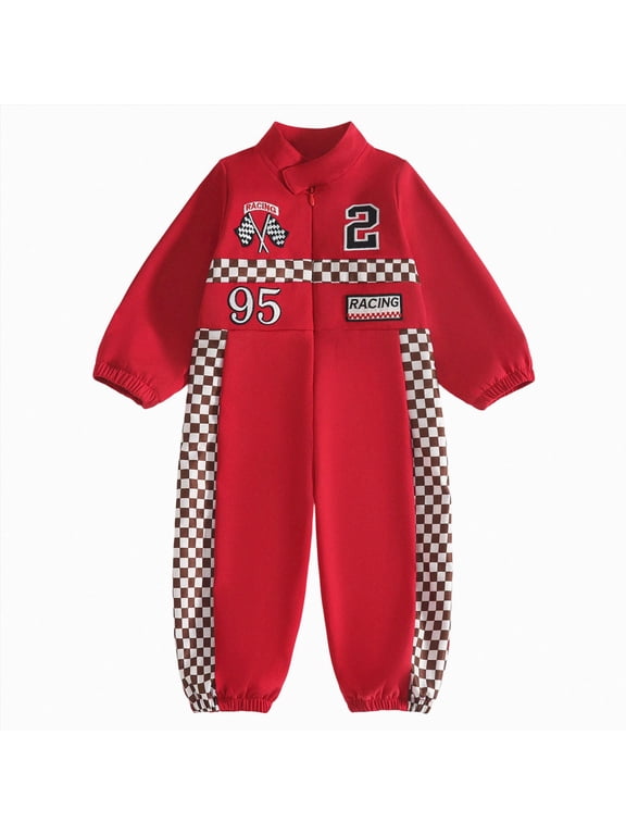 Baby Boy Girl Race Car Outfit Number Checkered Mandarin Collar Long Sleeve Zipper Romper One Piece Jumpsuit Fall Winter Clothes (Red,6-9 Months)