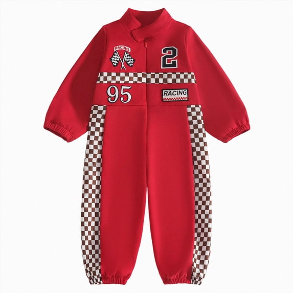 Xyant Baby Boy Girl Race Car Outfit Number Checkered Mandarin Collar Long Sleeve Zipper Romper One Piece Jumpsuit Fall Winter Clothes (Red,9-12 Months)