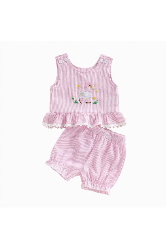 Baby Girl Birthday Outfit Embroidery Ruffle Tank Top Bubble Shorts Infant Toddler Gingham Outfits Summer Clothes (Pink,12-18 Months)