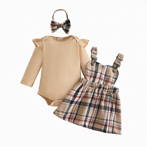 Xyant Baby Girl Clothes Fall Winter Outfit Long Sleeve Ruffle Romper Plaid Skirt Bow Headband 3 Pcs Set 0-18 Months