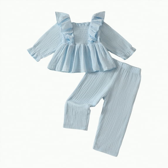 Xyant Baby Girl Clothes Toddler Girl Fall Winter Outfits Ruffle Long Sleeve T Shirts Top Pants Toddler Baby Clothing (Sky Blue,9-12 Months)