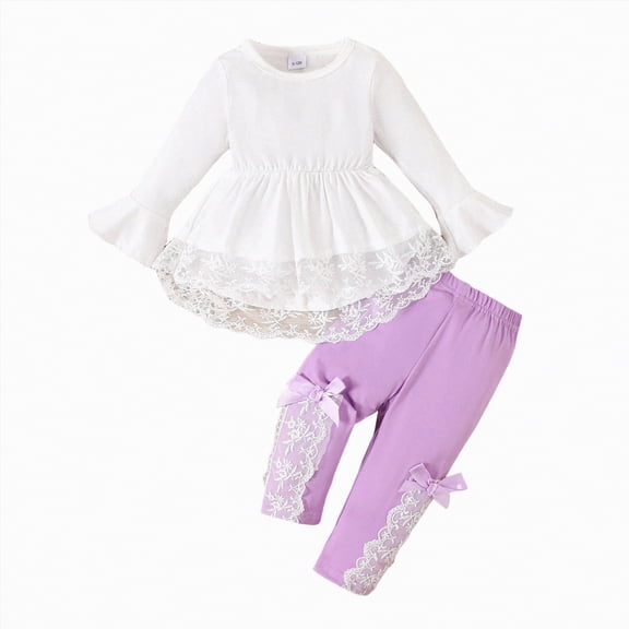 Xyant Baby Girl Clothes Toddler Girl Outfits Ruffle Lace Hem Long Sleeve Shirt Pants Cute Infant Newborn Outfit Set (Light Purple,18-24 Months)