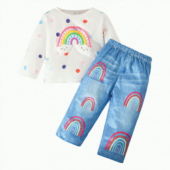 Xyant Baby Girl Clothes Toddler Girls Winter Outfits Clothing Ruffle Long Sleeve Top Rainbow Print Denim Pants Jeans Cute Fall Outfit Set (White,2-3 Years)