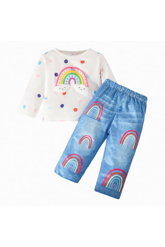 Baby Girl Clothes Toddler Girls Winter Outfits Clothing Ruffle Long Sleeve Top Rainbow Print Denim Pants Jeans Cute Fall Outfit Set (White,2-3 Years)