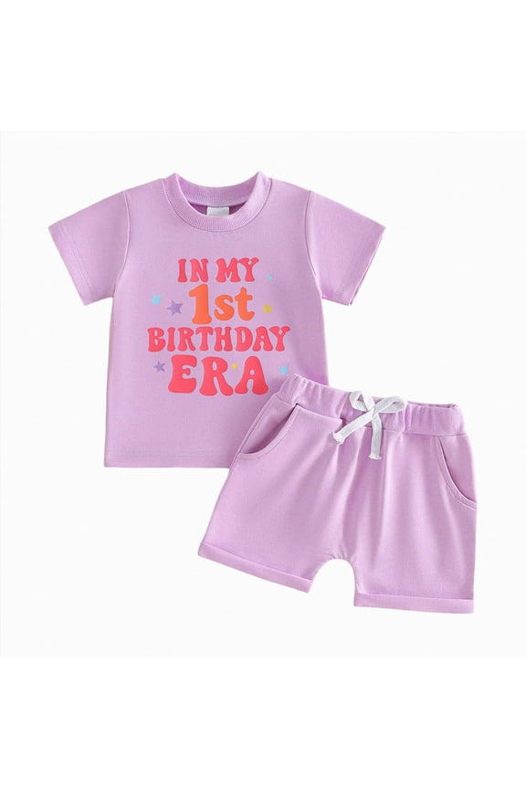 Baby Girl First Clothes In My One Year Old Era Birthday Outfit 1 Year Old Girl Gifts Summer Casual Short Set (Light Purple,12-18 Months)