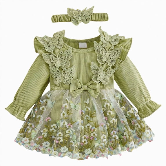 Xyant Baby Girl Romper Dress Embroidery Lace Flowers Baby Dress Romper Fall Winter Festival Clothes with Headband (Green,1-3 Months)