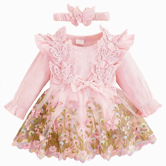 Xyant Baby Girl Romper Dress Embroidery Lace Flowers Baby Dress Romper Fall Winter Festival Clothes with Headband (Pink,12-18 Months)