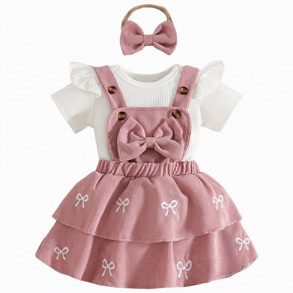 Xyant Baby Girl Summer Clothes Cute Outfits Short Sleeve Romper Overall Skirt Dress Headband Set 3Pcs Infant Newborn Outfit (Pink,6-9 Months)