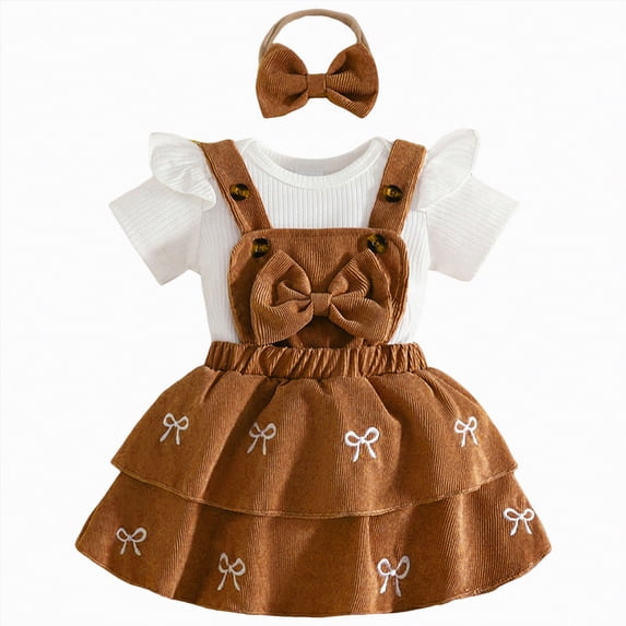 Xyant Baby Girl Summer Clothes Overall Dress Short Sleeve Ribbed Romper Suspender Skirts Headband Infant 3Pcs Outfits Set (Coffee,9-12 Months)