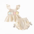 thumbnail image 1 of Xyant Baby Girl Summer Outfit Floral Print Fly Sleeve Ruffled Top Bowknot Elastic Waist Bloomers Shorts Casual Infant Toddler Clothes (Beige,6-12 Months）, 1 of 5
