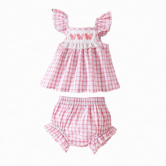 Xyant Baby Girl Summer Outfit Floral Print Fly Sleeve Ruffled Top Bowknot Elastic Waist Bloomers Shorts Casual Infant Toddler Clothes (Pink,6-12 Months)