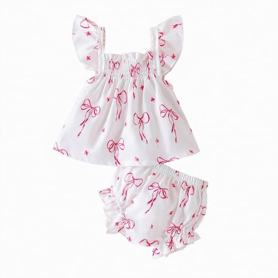 Xyant Baby Girl Summer Outfit Floral Print Fly Sleeve Ruffled Top Bowknot Elastic Waist Bloomers Shorts Casual Infant Toddler Clothes (White,6-12 Months)